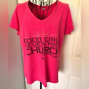 Good Girl Never Miss Church V-Neck Graphic Tee - Hot Pink
